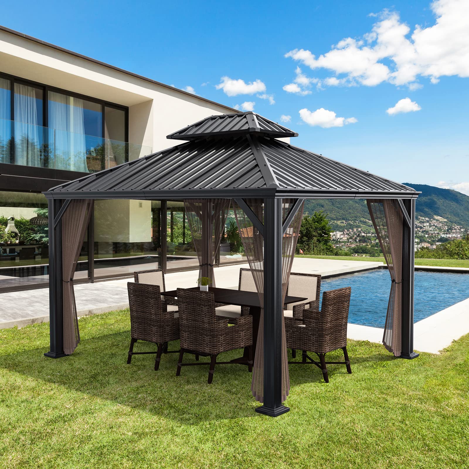 Tangkula 2-Tier Outdoor Gazebo w/Double Vented Roof & Central Hook